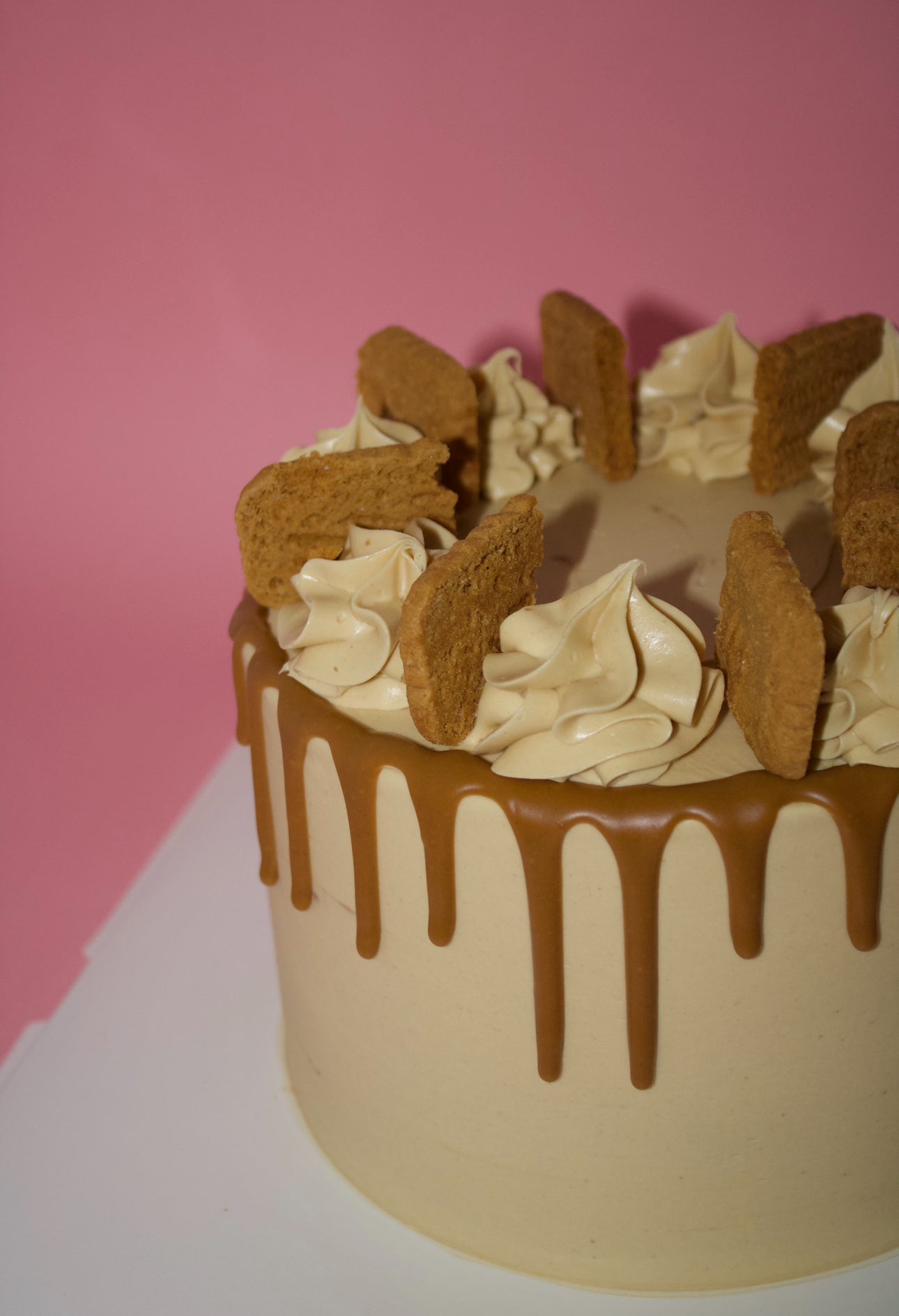 Biscoff cake with BIiscoff drip and biscuit pieces.
