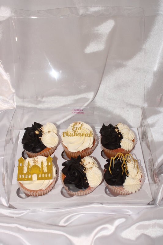 Luxury Eid Mubarak cupcake box with black and white buttercream and gold details