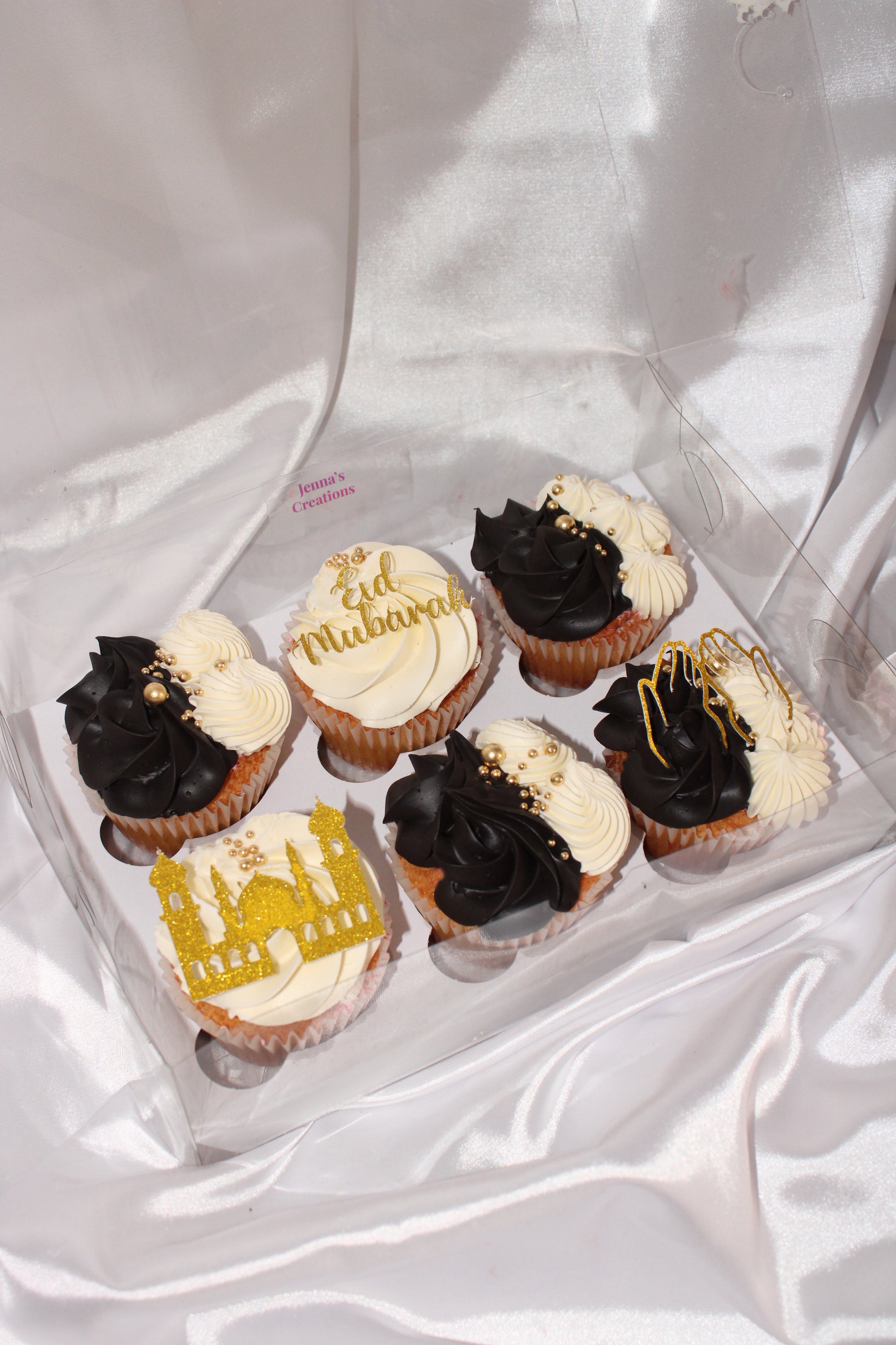 Elegant 6 pack Eid cupcakes with gold topper and sugar pearls
