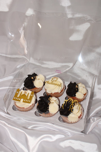 Black, ivory and gold Eid Mubarak cupcakes in gift box