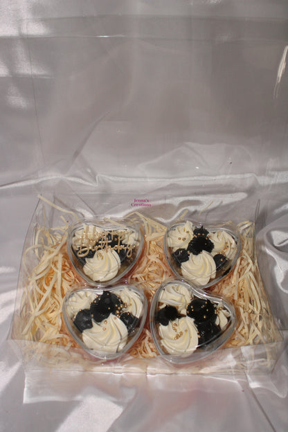 Luxury heart cake tub with piped buttercream and decorative pearl finish.