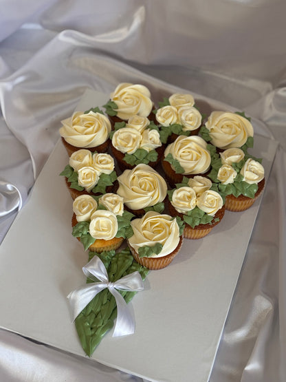 Buttercream rose cupcake bouquet arranged to resemble a flower bouquet