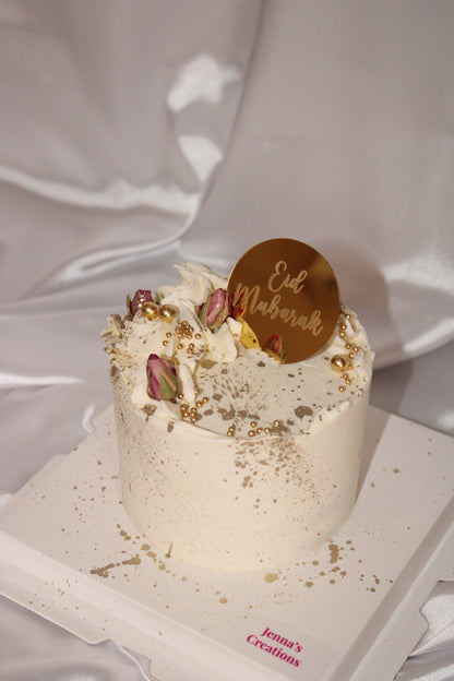 Luxury Eid Mubarak buttercream cake with gold acrylic topper and dried roses